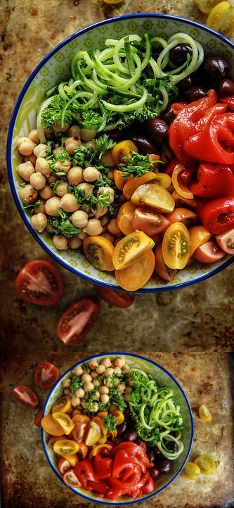 Greek Salad Cucumber Noodle Bowl- Vegan