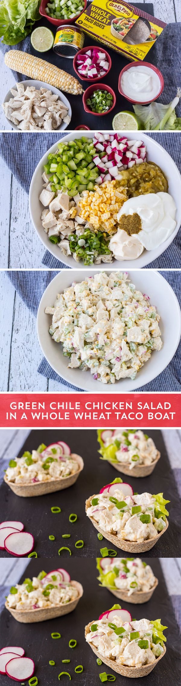 Green Chile Chicken Salad in a Whole Wheat Taco Boat