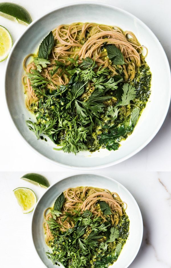 Green Curry with Brown Rice Noodles and Swiss Chard