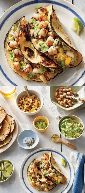 Grilled Scallop Tacos with Smashed Avocado and Charred Corn Pico
