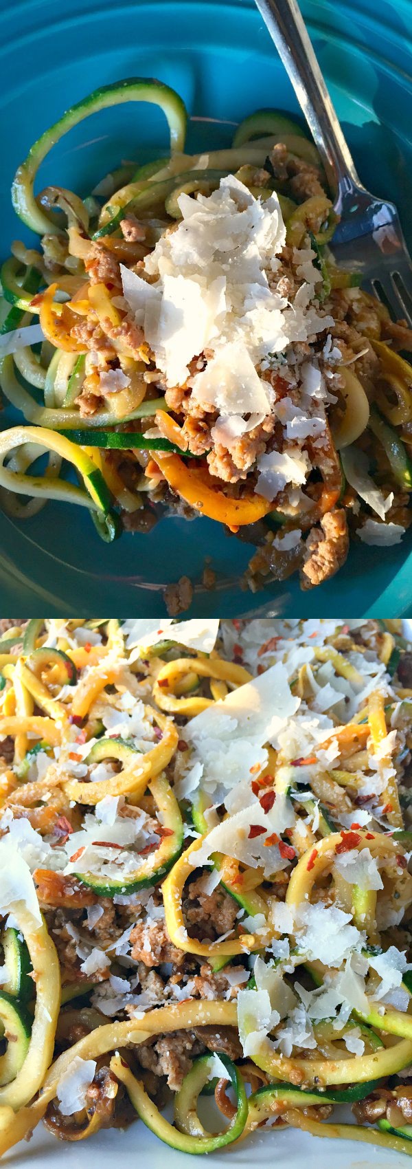 Ground Turkey Pesto Yellow Squash and Zucchini Noodles