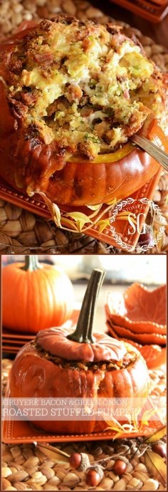 Gruyere, bacon & green onion roasted stuffed pumpkin