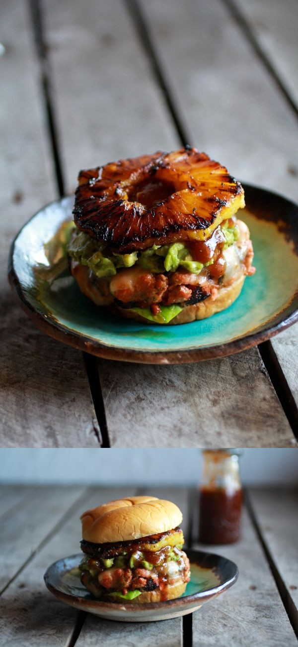 Hawaiian BBQ Salmon Burgers with Coconut Caramelized Pineapple