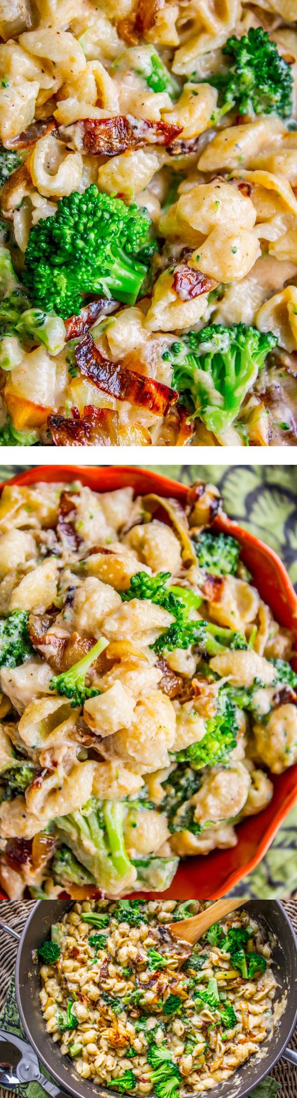 Healthier Mac and Cheese with Caramelized Onions and Broccoli