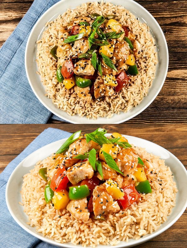 Healthy Takeout Sweet and Sour Chicken with brown rice and green bell pepper