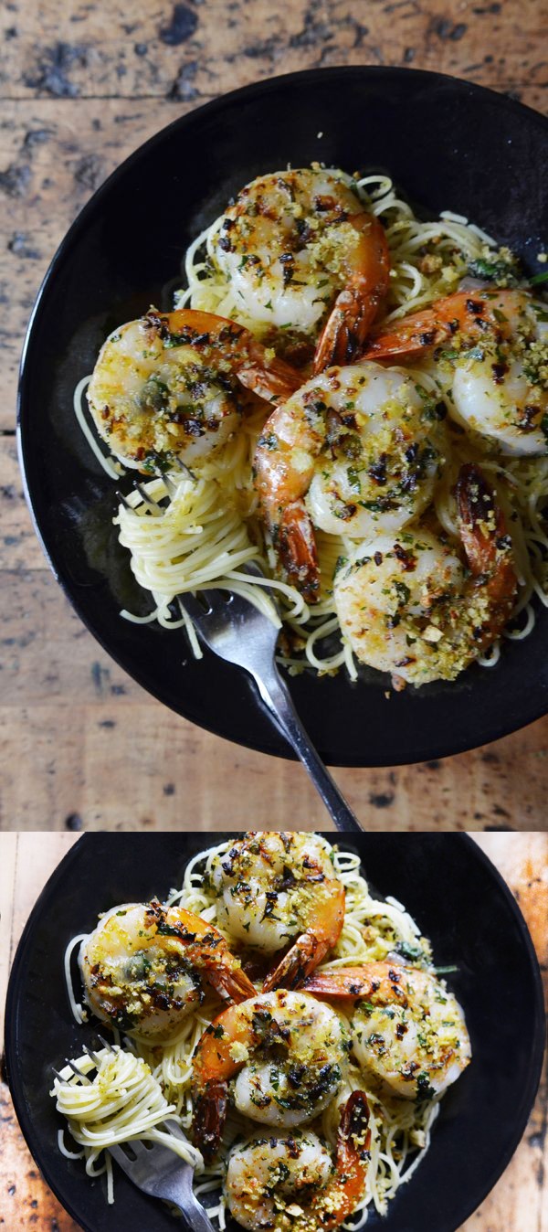 Herbed Shrimp Capellini with Spicy Bread Crumbs