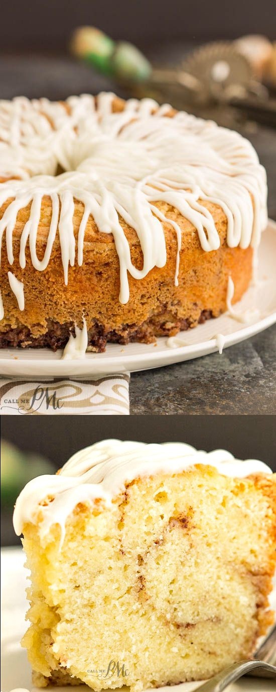 Homemade Sour Cream Cinnamon roll pound cake recipe with cream cheese frosting