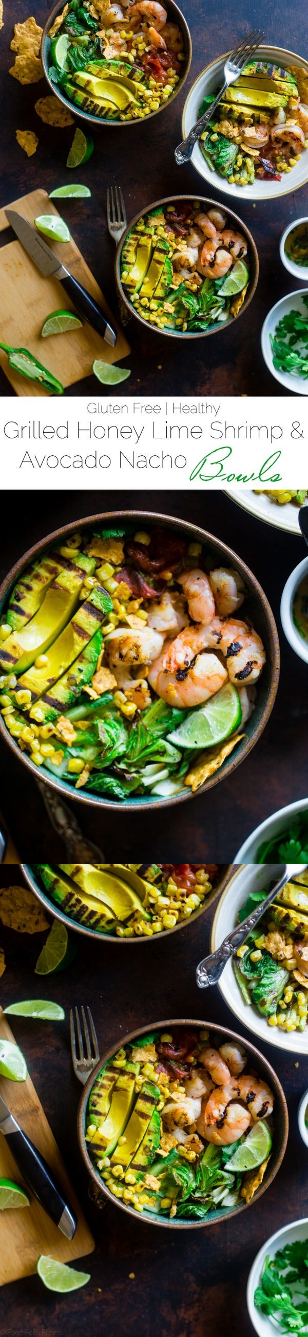 Honey Lime Grilled Avocado Shrimp Nacho Bowls