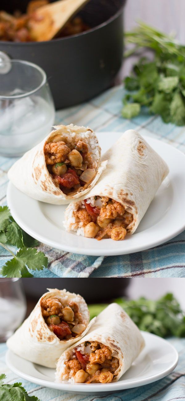 Indian Curried Cauliflower & Chickpea Burritos