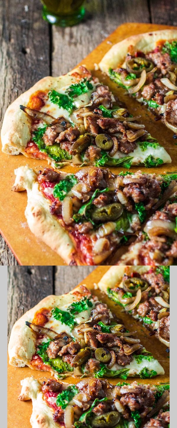 Italian Sausage Pizza with Caramelized Onions, Kale and Jalapeños