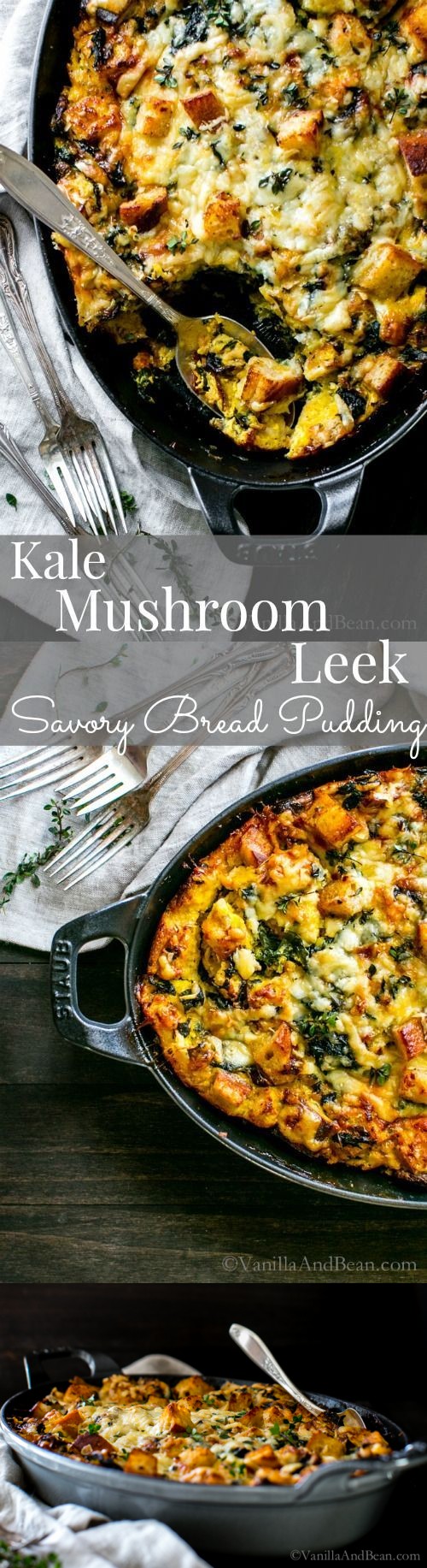 Kale, Mushroom, Leek Savory Bread Pudding