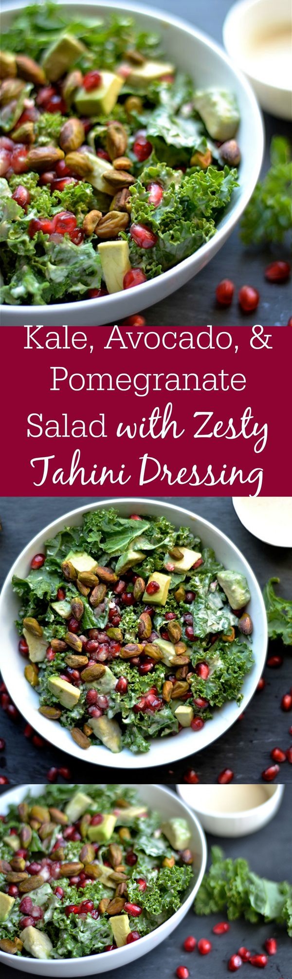 Kale, Pomegranate, and Avocado Salad with Zesty Tahini Dressing