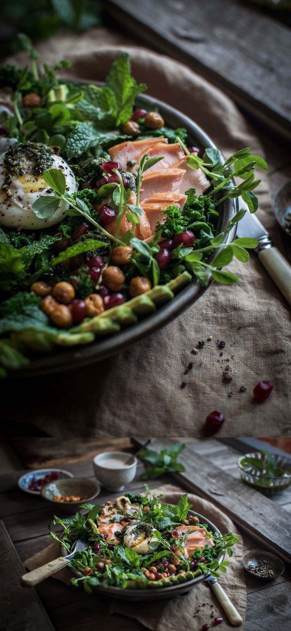 Kale salad with smoked trout, haloumi & tahini yoghurt