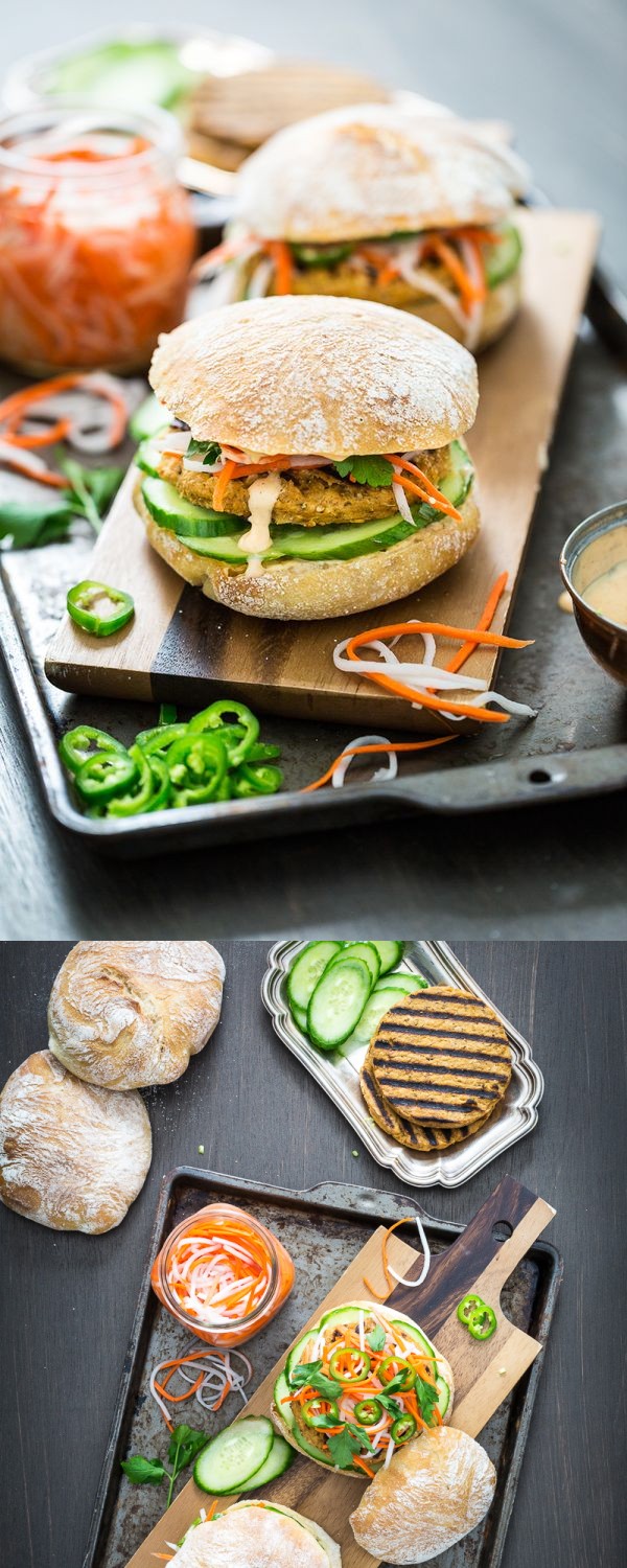 Lemongrass Tofu Banh Mi Burger with Sriracha Aioli