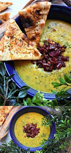 Lentils Beet Soup with Baked Naan Chips