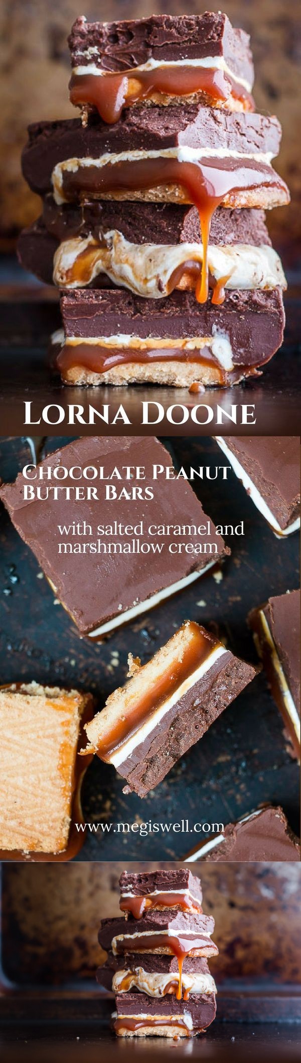 Lorna Doone Chocolate Peanut Butter Bars with Salted Caramel and Marshmallow Cream