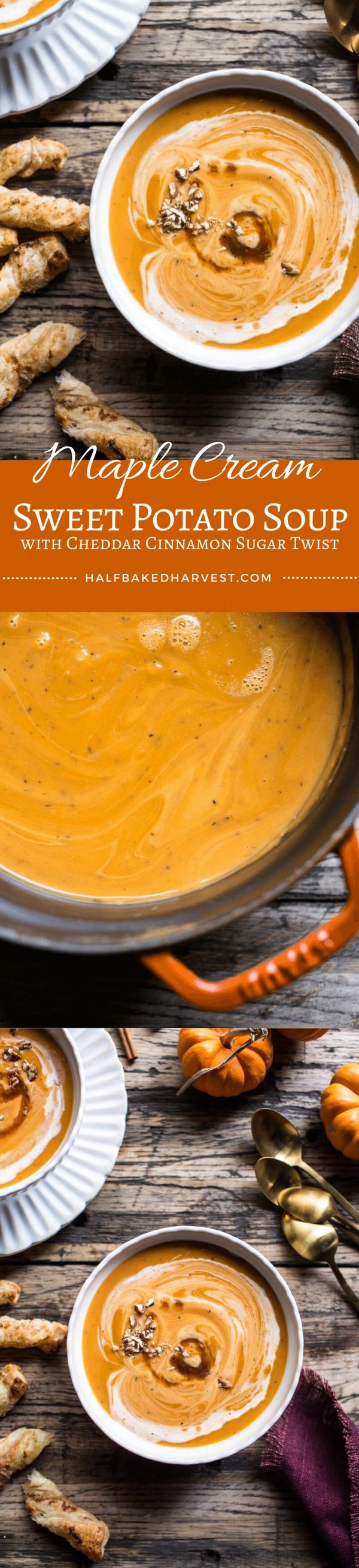 Maple Cream Sweet Potato Soup with Cheddar Cinnamon Sugar Twist