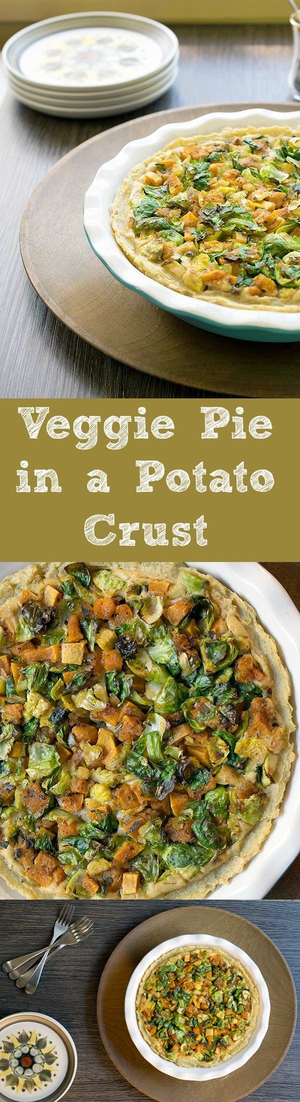 Mashed Potato Crusted Butternut Squash, Brussels Sprouts, and Tofu Pie