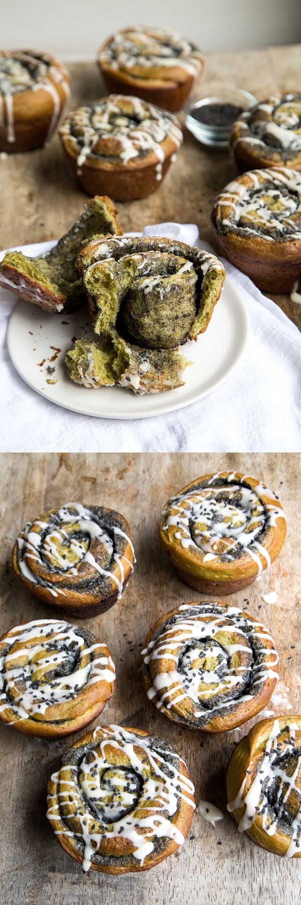 Matcha Black Sesame Rolls with tangerine glaze