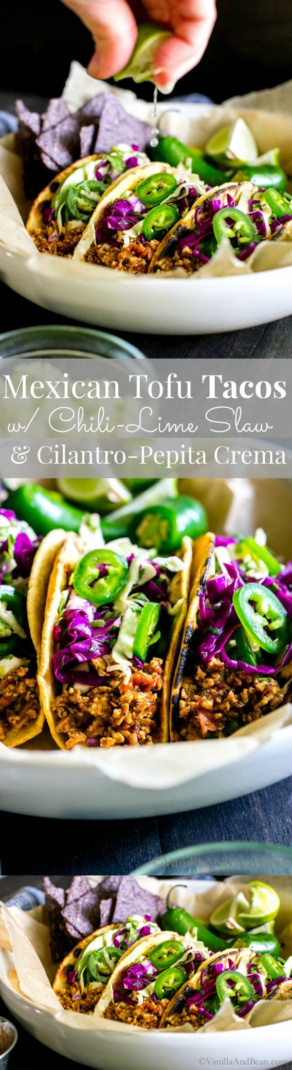 Mexican-Inspired Tofu Tacos with Chili-Lime Slaw and Cilantro-Pepita Crema