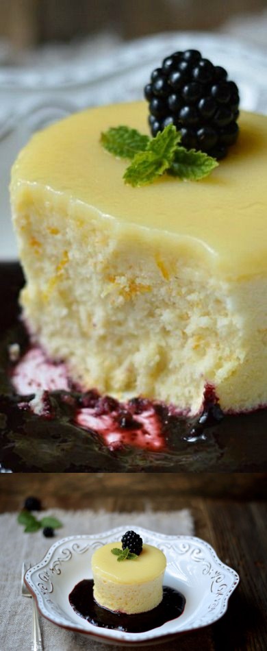 Meyer Lemon Pudding Cakes with Blackberry Sauce