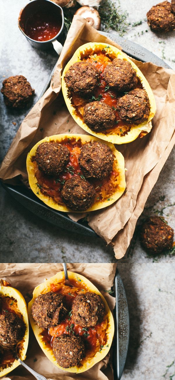 Mushroom Onion Thyme Veggie Meatballs with Spaghetti Squash Pasta