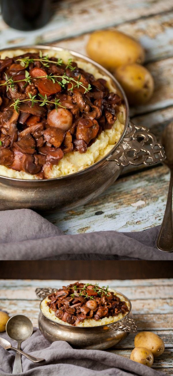 Mushroom Walnut Bourguignon with Cauliflower Mash (Vegan + GF