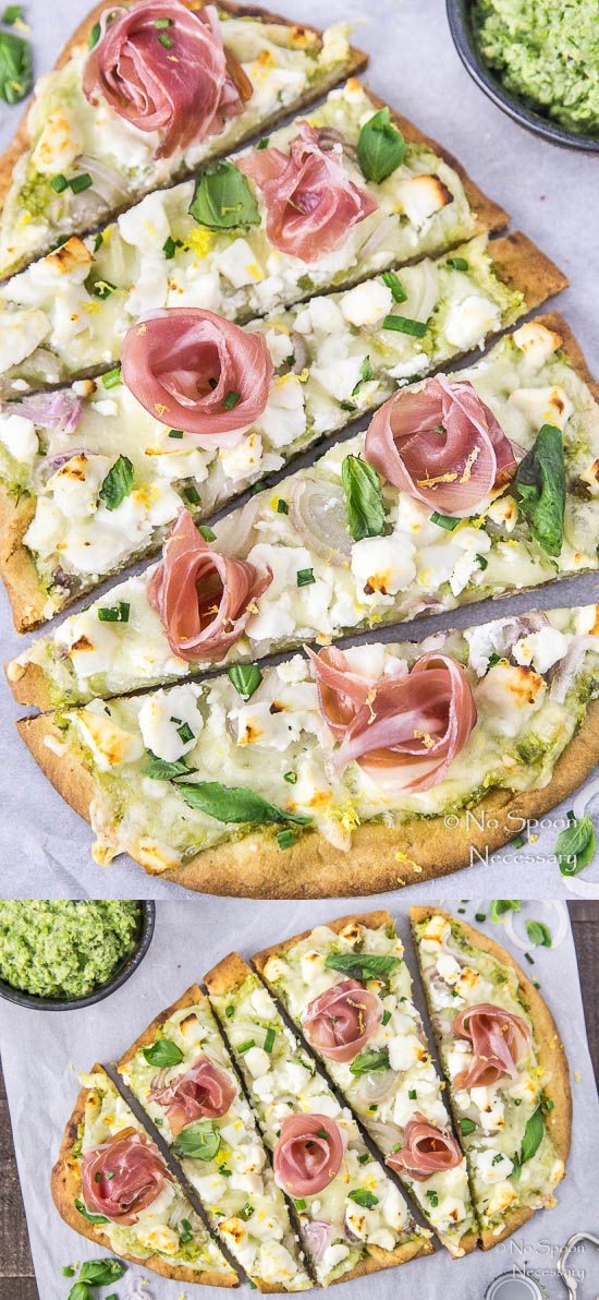 Naan Pizza with Asparagus Pesto, Prosciutto, Goat Cheese & Fontina