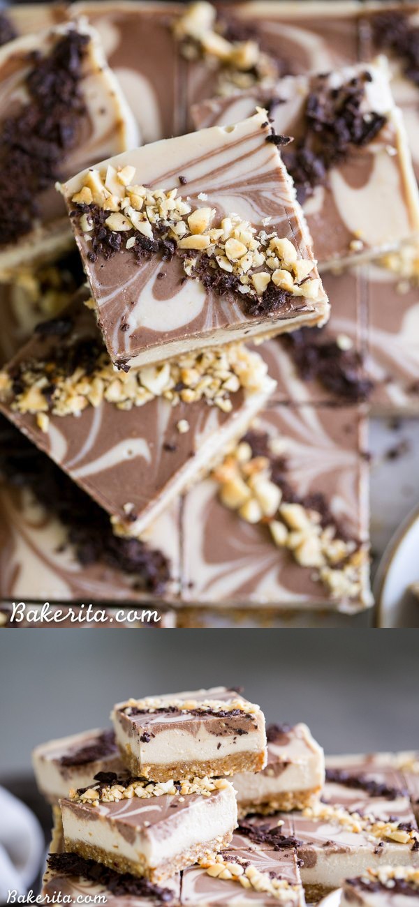 No Bake Chocolate Peanut Butter Cheesecake Bars (Gluten Free, Refined Sugar Free + Vegan