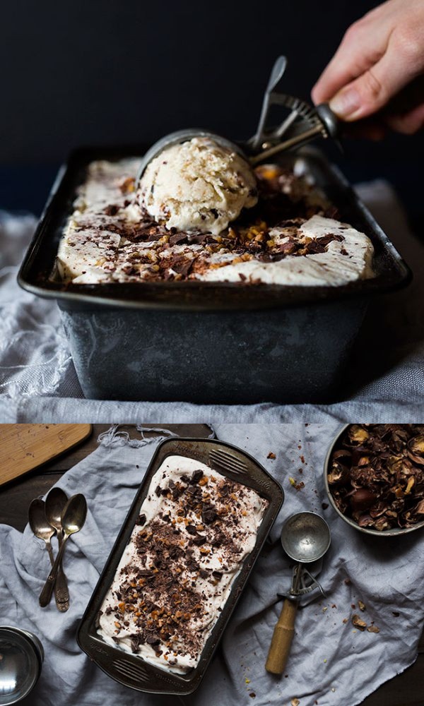 No-churn chestnut ice cream with rum, dark chocolate, and toasted walnuts