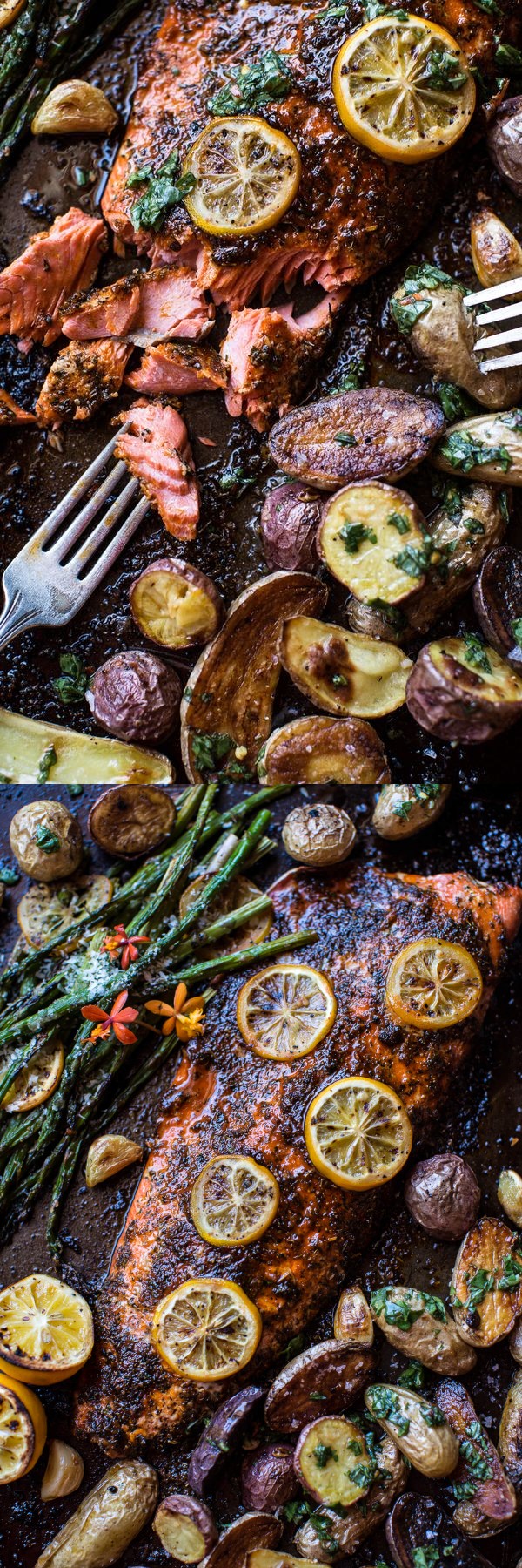 One Pan Lemon Salmon, Roasted Potatoes and Parmesan Asparagus