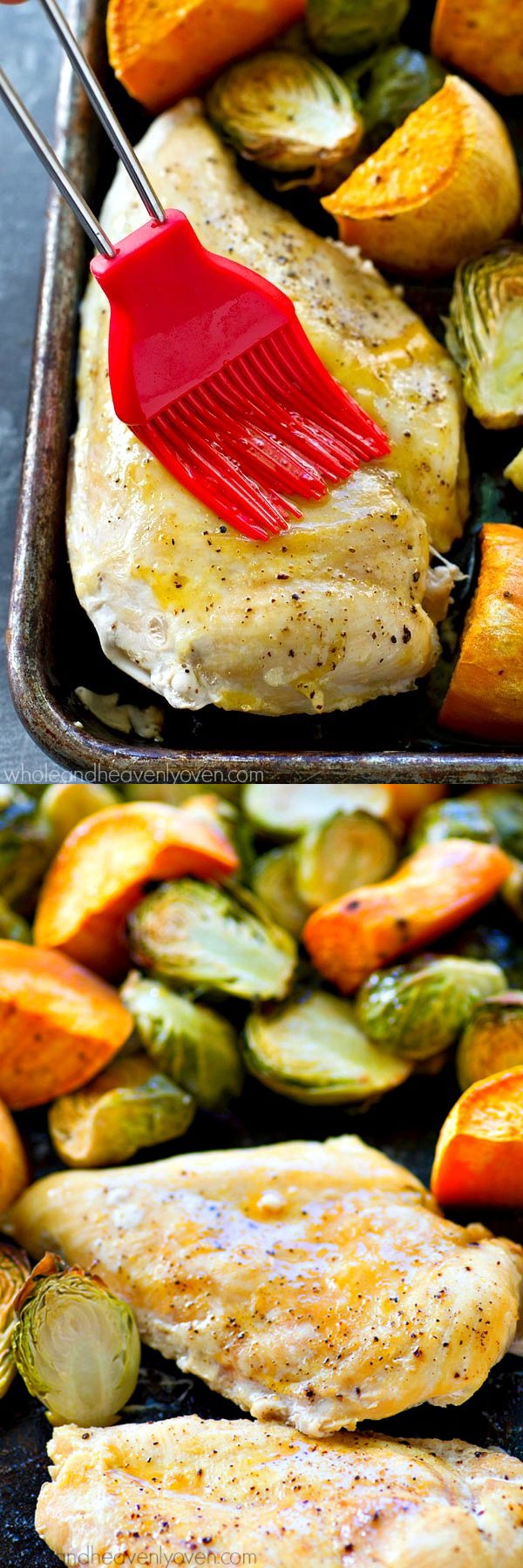 One-Pan Maple Roast Chicken with Sweet Potatoes + Brussels Sprouts