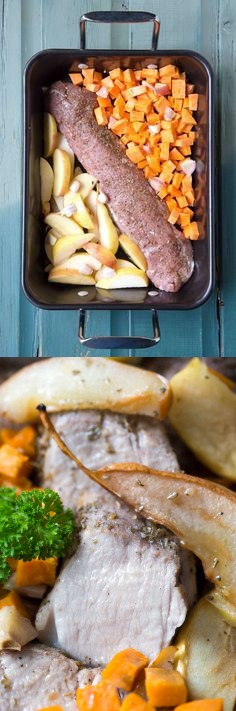 One pan roasted pork with sweet potato, pear, apple and garlic