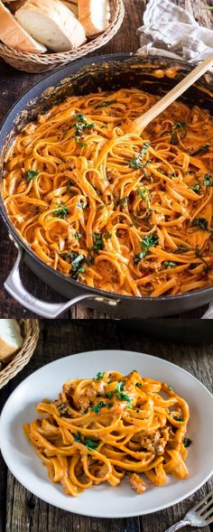 One Pot Creamy Fettuccine with Spicy Sausage