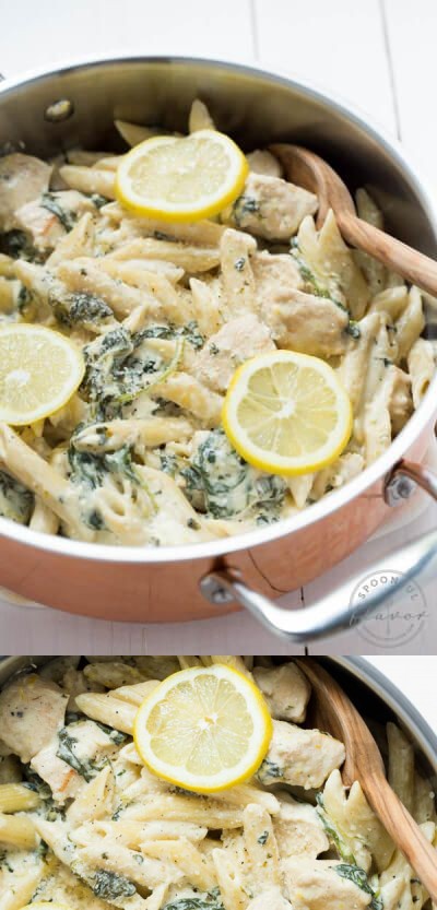 One Pot Creamy Lemon Chicken Pasta with Baby Kale