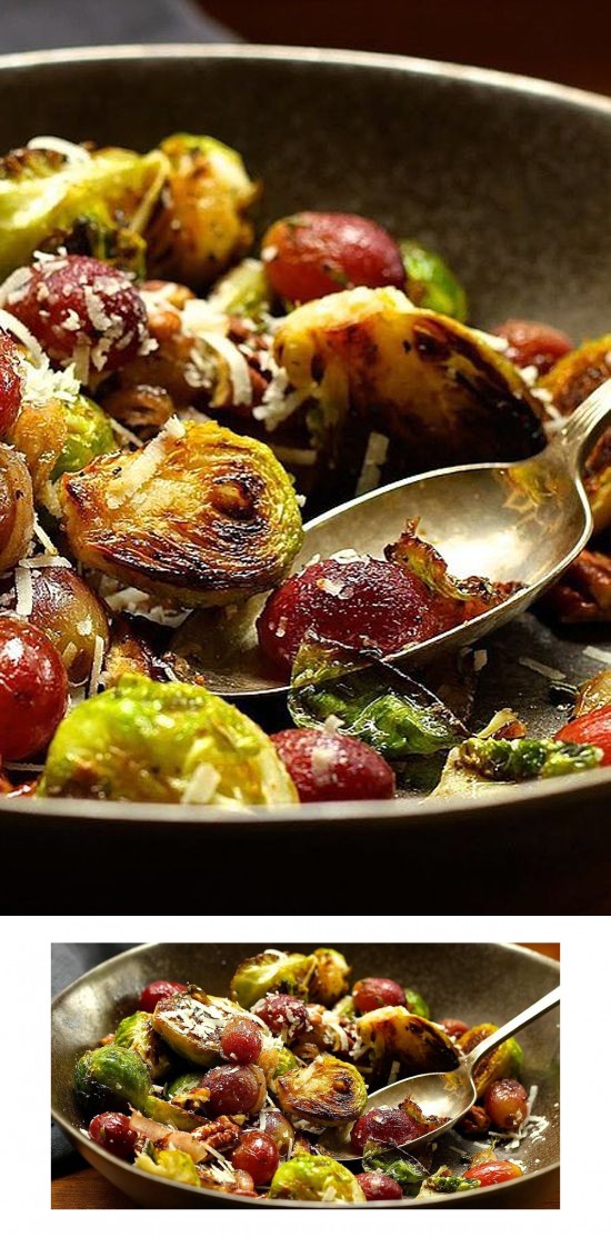 Pan-Charred Brussels Sprouts With Roasted Grapes, Pecans, and Pecorino