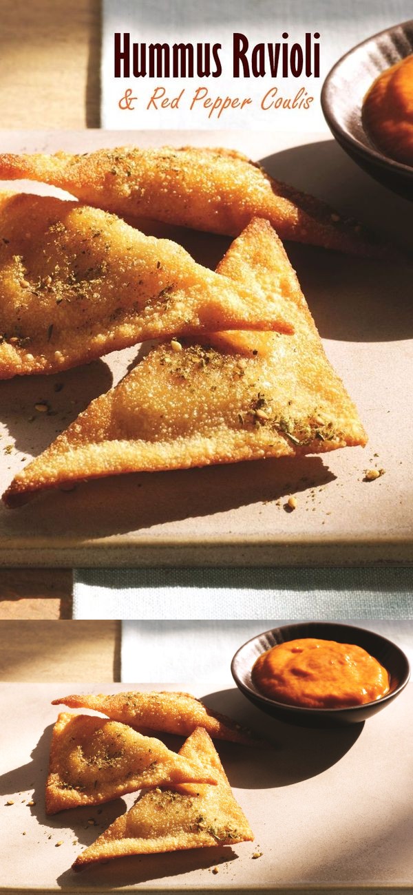 Pan-Fried Hummus Ravioli with Red Pepper Coulis