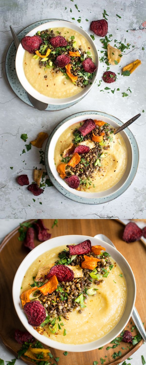 Parsnip and Apple Soup with Black Lentils and Vegetable Crisps