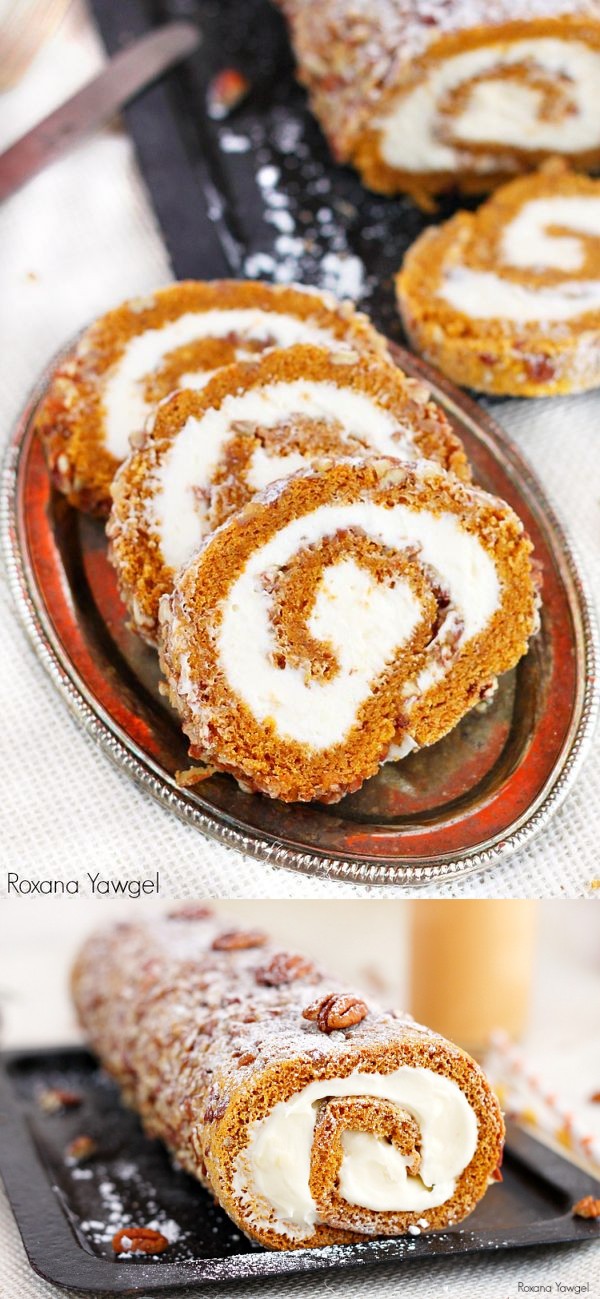 Pecan pumpkin roll cake