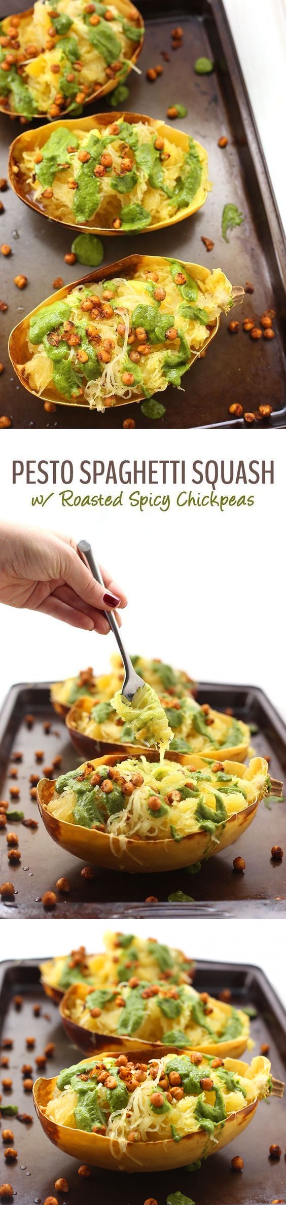 Pesto Spaghetti Squash with Spicy Roasted Chickpeas