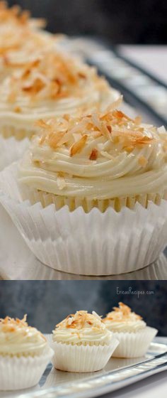 Pineapple-Coconut Cupcakes with Honey Cream Cheese Frosting