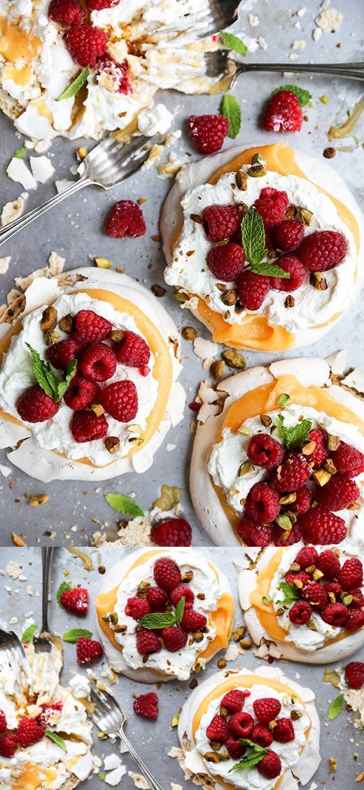 Pistachio Pavlovas with Papaya Curd and Fresh Raspberries