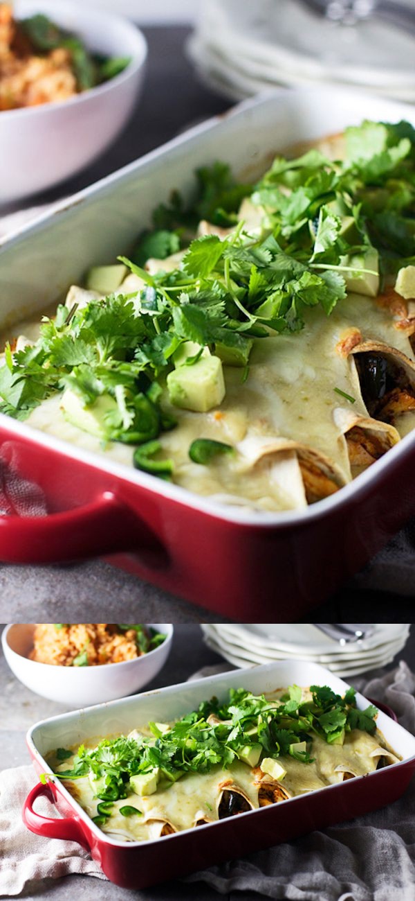 Poblano Chicken and Chorizo Enchiladas with Jalapeño Sour Cream Sauce