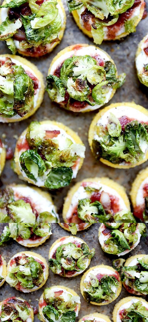 Polenta Bites with Crispy Brussels Sprout Leaves, Ricotta and Chutney