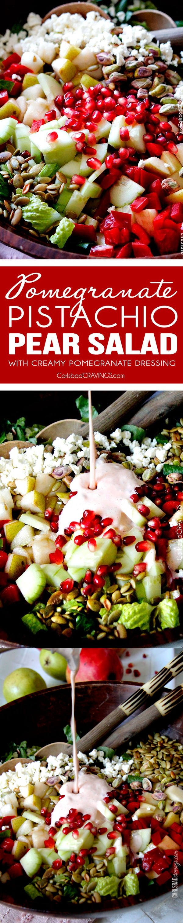 Pomegranate, Pear, Pistachio Salad with Creamy Pomegranate Dressing