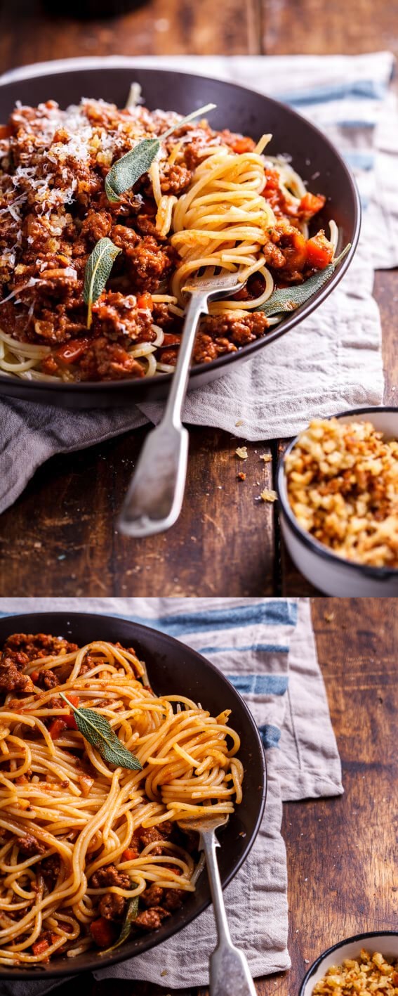 Pork bolognese with cheesy pangrattato