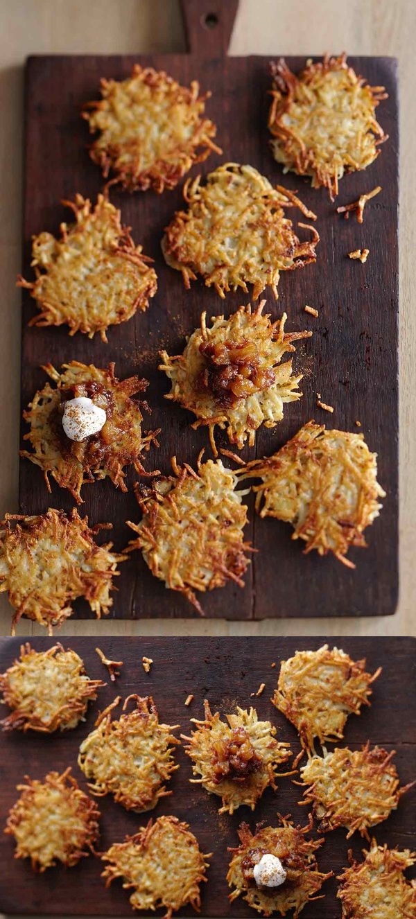 Potato Latkes with Apple-Date Chutney and Cinnamon Sour Cream