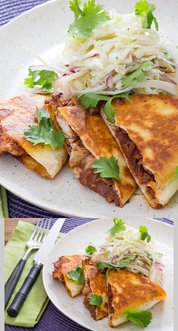 Pulled Chicken Mole Quesadillas with Monterey Jack Cheese & Shredded Cabbage Salad