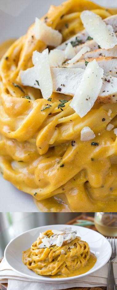 Pumpkin and Roasted Garlic Cream Sauce Fettuccine with Grilled Sage-Rubbed Chicken