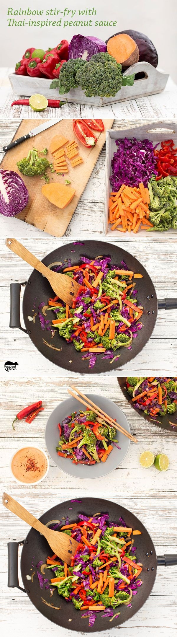 Rainbow stir-fry with peanut sauce